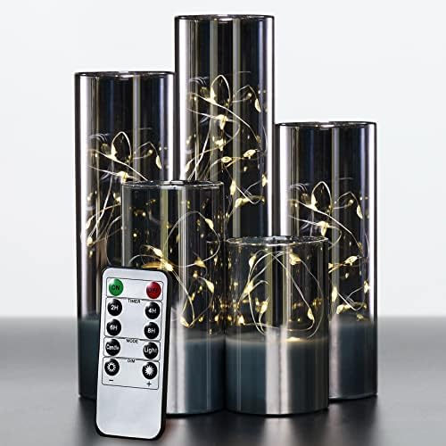 Celas sem chamas de vidro cinza Girimax com luzes remotas de corda, velas decorativas de bateria LED alta e alta e altas.