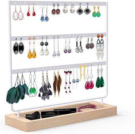 Anoffy Brincos de jóias Organizador Prando de jóias, rack de brejo de três camadas com bandeja de madeira para brincos