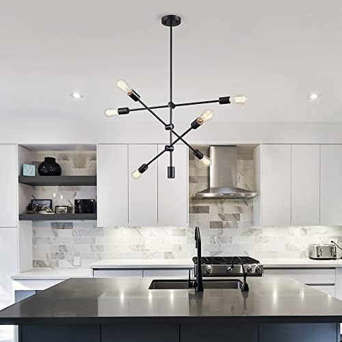 Santuário Modern Sputnik Candelier, 6 luzes, luminárias de teto industrial acessórios, montagem semi-nivelada preta,