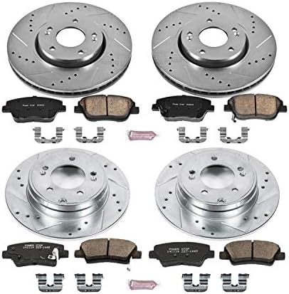 Power Stop K5376 Frente e traseira Z23 PADS de freio de fibra de carbono com kit de rotores de freio perfurados e com fenda