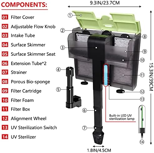 Filtro traseiro esterilizador de 8w UV, filtro de tanque de peixe para aquários, filtro de aquário com skimmer 3 em