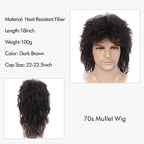 Mullet Medisifa 70s 80s Wig com franja marrom escuro Cabelo de discoteca longa Curoly Homens de homens para homens homem masculino