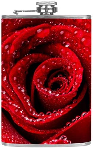 Balão de quadril para bebidas inoxidáveis ​​à prova de vazamento de aço inoxidável com funil 7,7 oz de couro, ótima ideia de presente de frasco - flor de roseira vermelha