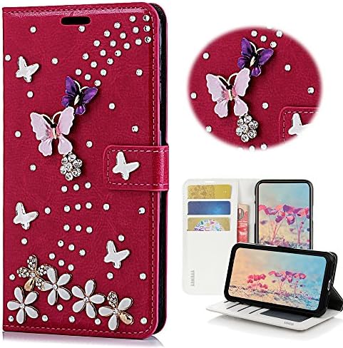Caso de Stenes Galaxy J7 - elegante - 3D Made Bling Bling Crystal S -Link Butterfly Floral Magnetic Cartet Crédito Slots Dobra Stand Leather Tampa para Samsung Galaxy J7 Sm -J737 - Red