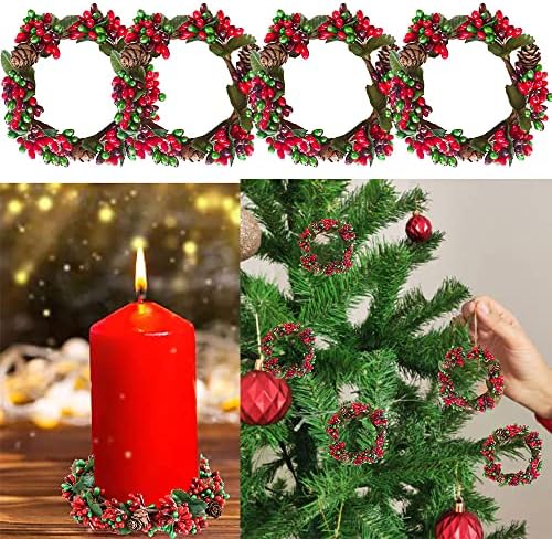 MasterBond 4 PCs Mini Christmas Wreath Whr Christmas Candle Ring Delder Artificial Berry Tea Light Rings com pinheiros pequenas