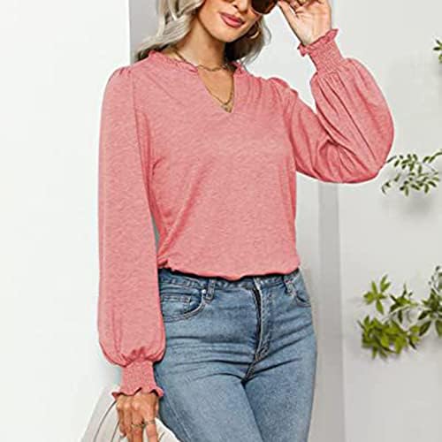 Túnica feminina tops colas de manga longa casual de manga longa v tetas de pescoço camisetas de cor sólida cor de chiffon de cor