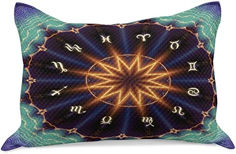 Ambesonne Astral micoteca de colcha, roda do horóscopo com centro solar e signos do zodíaco ilustração mística, capa padrão de travesseiro de tamanho king para quarto, 36 x 20, multicolor