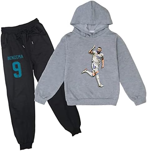 Tops de manga longa com capuz de futebol juvenil do hhooop+calças de moletom, Benzema Graphic Tracksuit 2pcs Conjuntos para meninos meninas