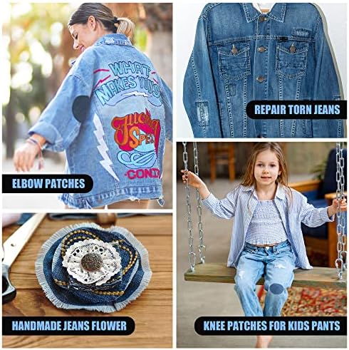 Multiqon Iron-On Denim Patches para jeans mais fortes Cultas de algodão Melhores manchas de calor e ligação para reparo de roupas jeans rasgadas, jaqueta, cotovelo, joelhos tons de preto, azul, azul escuro, azul claro, azul-céu