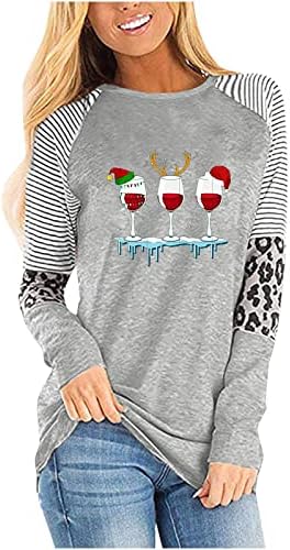 Camisa de vidro de vinho de Natal feminina Camisa de manga longa Túnica de túnica casual bloco colorido leopardo listrado camisetas