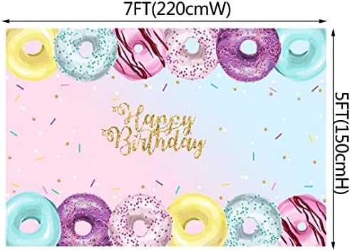 Cenário de donut de 7x5 pés para meninas decorações de festas de aniversário meninas doces donuts de feliz aniversário faixas fotográficas donut Grow up bolo mesa de bolo adereços W-6581