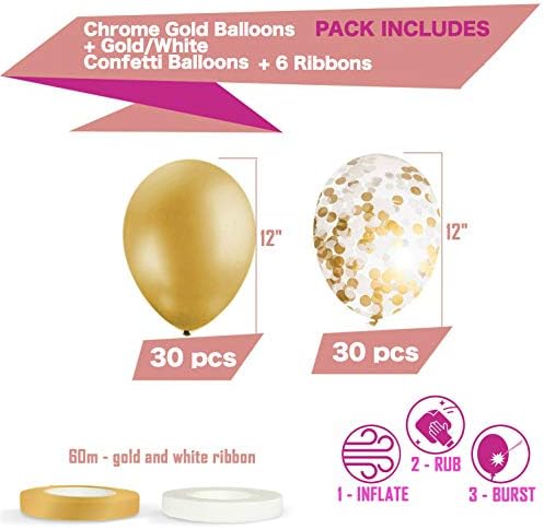 Balões de ouro de 60 pacote + balões de confete de ouro com fita | Balões de ouro | Balão de ouro | Balões de látex de ouro | Balões de ouro | Balões de festa 12 polegadas | Balões claros com confetes de ouro |