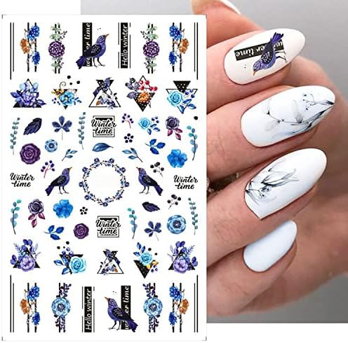 Jerclity 12 folhas da série azul adesivos de arte adesivos adesivos auto adesivo decalques unhas de unhas de borboleta decalques de arte folhas pássaros linhas azuis adesivos de unhas para mulheres meninas decorações de arte de unhas