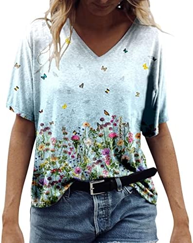 Camisetas para mulheres, impressão de flores de caça curta de caça curta Tops de tamanho grande tops de tamanho