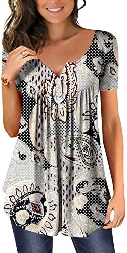 Mulheres decote em V Tops Floral impresso Hide Belly Tunic Summer Casual Manga curta Longo Henley T-shirt blusas plissadas