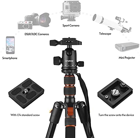 Andoer 2-in-1 fotografia Tripod Monopod Stand 200cm/78,7 em máx. Altura de 5 kg de carga de alumínio de alumínio 360 ° Cabeça de bola rotativa com bolsa de transporte para câmeras DSLR smartphones de câmeras de câmeras