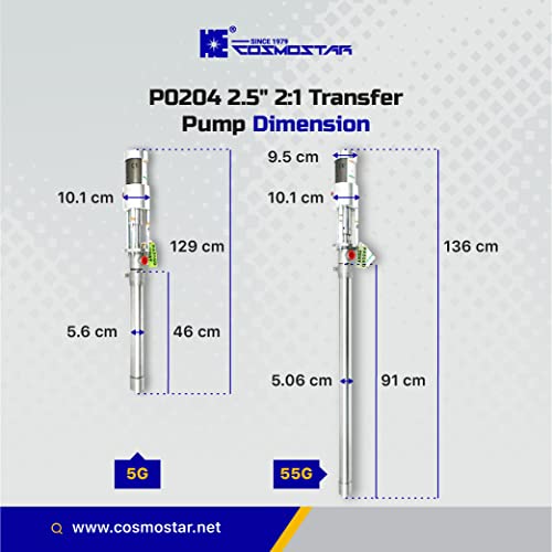 COSMOSTAR P0204 2,5 2: 1 Bomba de transferência de óleo/química operada por ar, bombas de pistão de embalagem Teflon