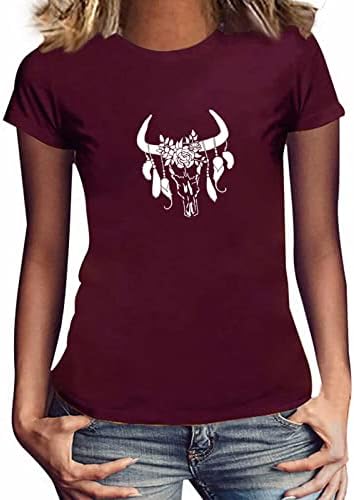 Wild Soul T-Shirt Mulheres Crewneck Crewneck Slave Tops Boho Cow Skull Shirt Western Cowgirls Casual Tops