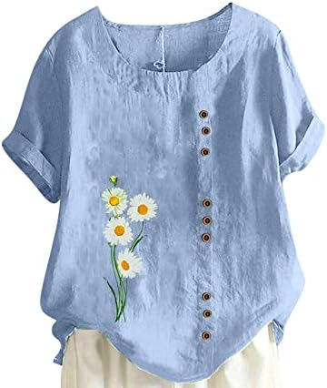 Tampas de linho de algodão plus size para mulheres soltas de manga curta camisa floral camisa de camisa casual bloqueio