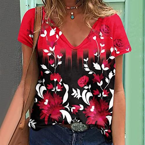 Manga curta 2023 Roupas da moda Y2K algodão V Camisa de blusa gráfica de flor de pescoço para mulheres Camisa de verão de outono