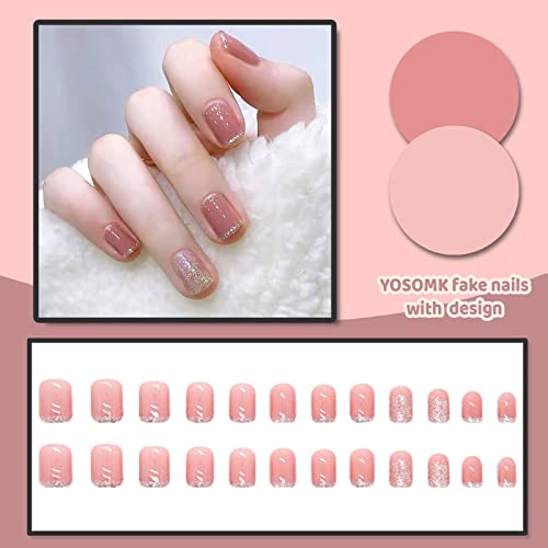 Yosomk nu nude rosa unhas quadradas pressione curta em unhas com glitter lantejas design cola acrílica em unhas