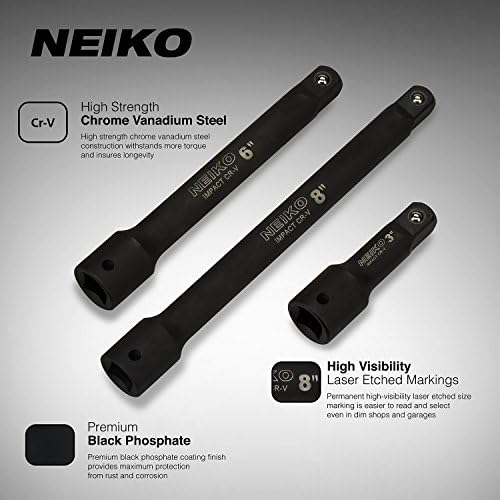 NEIKO 00237A 1/2 polegada Conjunto de extensão de impacto de acionamento, fabricado com aço CRV, tamanhos de 3 polegadas,