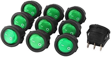Aexit 10pcs Switches CA 250V/3A 125V/6A 3 pinos mini spst 2 Posição Luzes verdes Alterar o barco redondo/desligado LED Illuminated