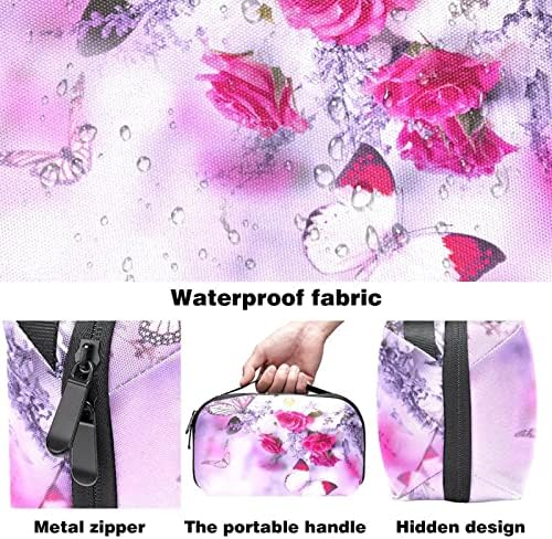 Butterfly com bolsa de higiene pessoal de flores de rosa para mulheres, organizador de higiene de couro resistente à água,