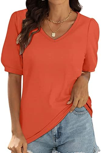 Camisas de verão casuais femininas Solid V pescoço de manga mid de manga sola tshirt de túnica de túnica confortável