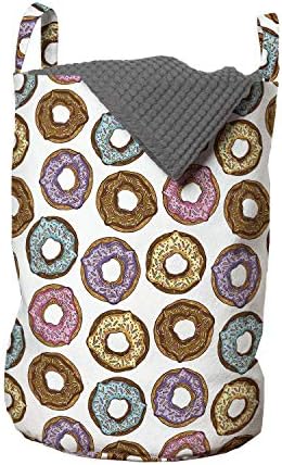 Bolsa de lavanderia de Ambesonne, rítmica deliciosa colorida deliciosa panfão de cartoon Motif em cenário simples, cesto de cesto com alças fechamento de cordão para lavanderias, 13 x 19, multicolor