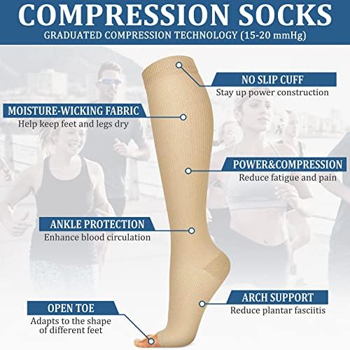 Feyhay 3 pares de meias de compressão do dedo do pé aberto 20-30mmHg, meias de compressão Toless para mulheres