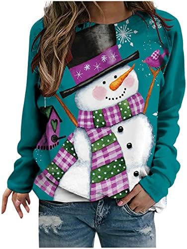 Xiaojmake Tops de Natal femininos fofos de boneco de neve fofos moletons moletons casuais de manga comprida pescoço de pullover solto