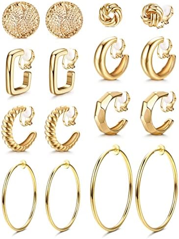 Thunaraz 8 pares clipe de ouro em brincos para mulheres 14k clipe robusto de ouro em brincos de argolas de joias de
