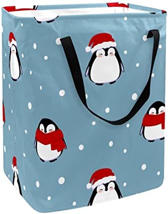 Pinguim com chapéu de cachecol vermelho em cesto de roupa dobrável com estampa de neve, cestas de lavanderia à prova d'água de 60L
