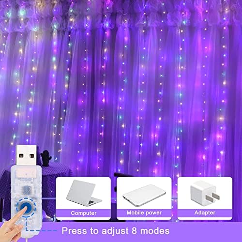 Fuurin Curtain Fairy Light, 300 LED Remote Control 8 Moder de iluminação Poween a água alimentada Luz de cordas para interno, externo,