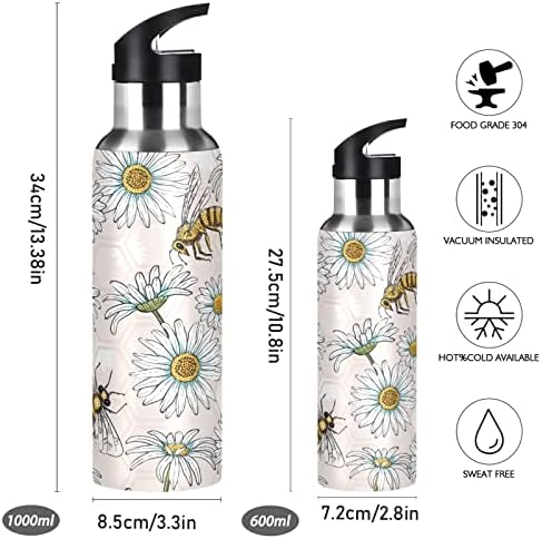 Daisies de verão e garrafa de água de abelhas com palha de palha de palha isolada aço inoxidável Thermo Flask Water Bottle 32oz