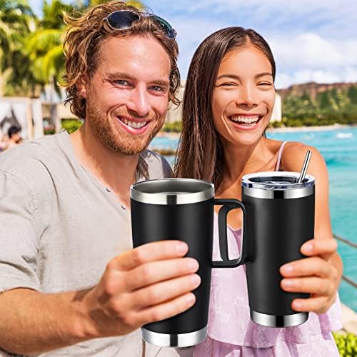 4 PCs 20 oz caneca de café em aço inoxidável com copo isolado com tampa e pincel de palha dupla parede dupla vácuo xícara térmica reutilizável cofler portátil para homens mulheres viajam quente bebida fria preta preta