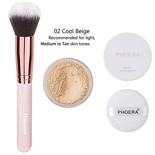 Fundação Phoera, fundação de cobertura completa, Phoera Primer, Phoera Powder, Phoera Centeler Phoera Makeup Conjunto, escova de maquiagem Kabuki Brush Brush Brush, 2 maquiagem (104 Buff bege + 105 areia）