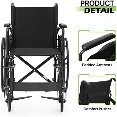 Cadeia de rodas de transporte de magshion com assento de 18 polegadas, cadeira de transporte dobrável com repouso para os pés,