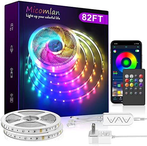 Micomlan 82ft/25m LED LUZES LUZES DE LED MÚSICA SYNC COR MUDANÇA RGB LED Faixa de LED embutida Mic, luzes LED de App Bluetooth Luzes de corda, 5050 RGB LED Light Strip tira