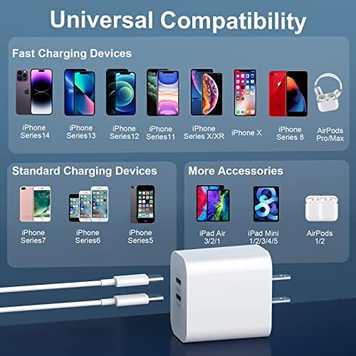 [MFI Certified] USB C iPhone 14 13 12 Bloco de carregador super rápido e um cabo de carregamento de Lightning de 10 pés de comprimento