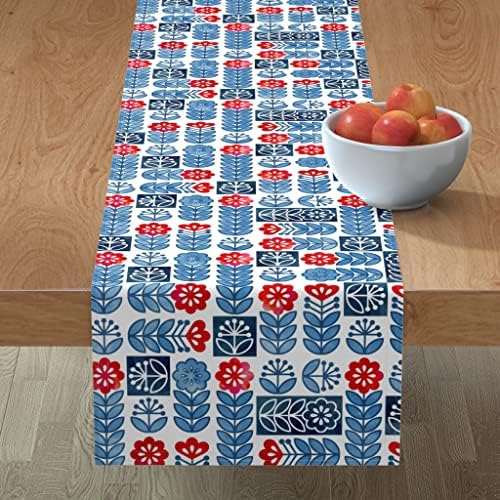 Spoonflower Cotton Sateen Table Runner, 72 - Escandinava Floral Swedish Art Red Blue Mod Tea Dark Tea Print Lines personalizada
