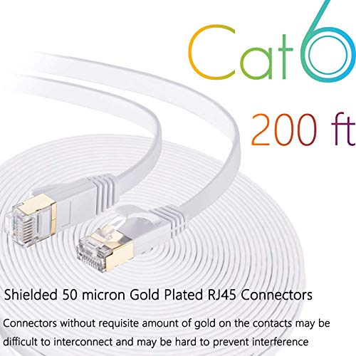 Cabo Ethernet de Cat6 Flat CAT6 200 pés com clipes de cabo, CAB CAT 6 Ethernet RJ45, cabo de rede esbelta, cabo de computador fino da Internet - 200 pés brancos…