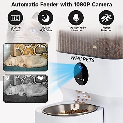 Alimentadores de gatos automáticos com câmera, whdpets 5l Wi-Fi Smart Pet Alimentador para alimentos secos, dispensador