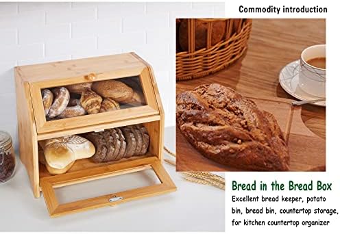 Hynawin Bamboo Bread Box Storage- XL Caixas de chá de prateleira de bancada de armazenamento de alimentos, janelas transparentes, rack de 2 camadas de grande capacidade de pão de pão prateleira de bancada dupla, montagem necessária