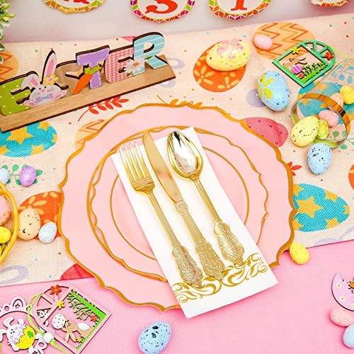210pcs Placas de plástico de ouro rosa, utensílios de jantar de plástico dourado, placas de plástico exclusivas douradas,