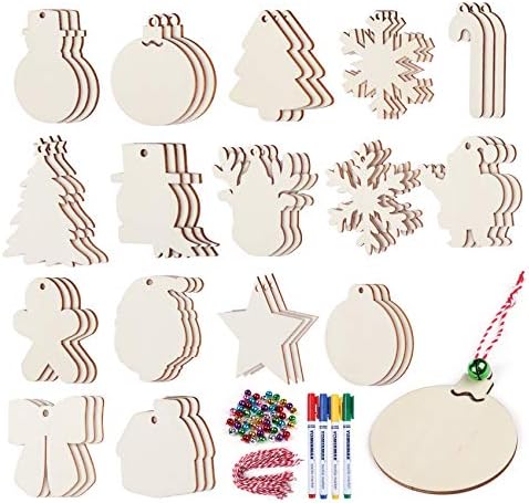 64pcs de Natal ornamentos de madeira inacabados Wood Fatias penduradas decoração para crianças pinturas de pintura diy tags de presente de festa com marcadores strings sinos