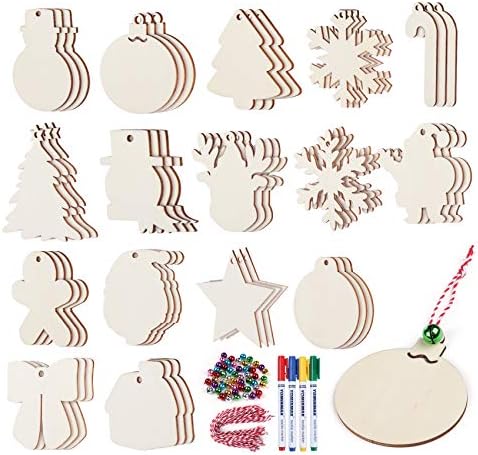 64pcs de Natal ornamentos de madeira inacabados Wood Fatias penduradas decoração para crianças pinturas de pintura diy tags de