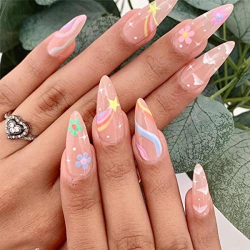 Pressione as unhas de amêndoa média unhas falsas nuvens arco -íris estrela flor falsa unhas cola em unhas flores coloridas design de decoração floral suprimentos de unhas artificiais acessórios de manicure para mulheres 24pcs