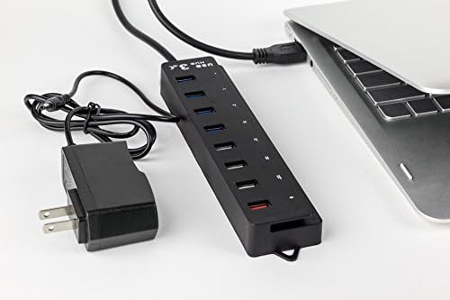 CORE DE DISPOSITIVO 8 PORT USB 3.0 Hub preto com interruptores de LED individuais e vem com um adaptador de energia de